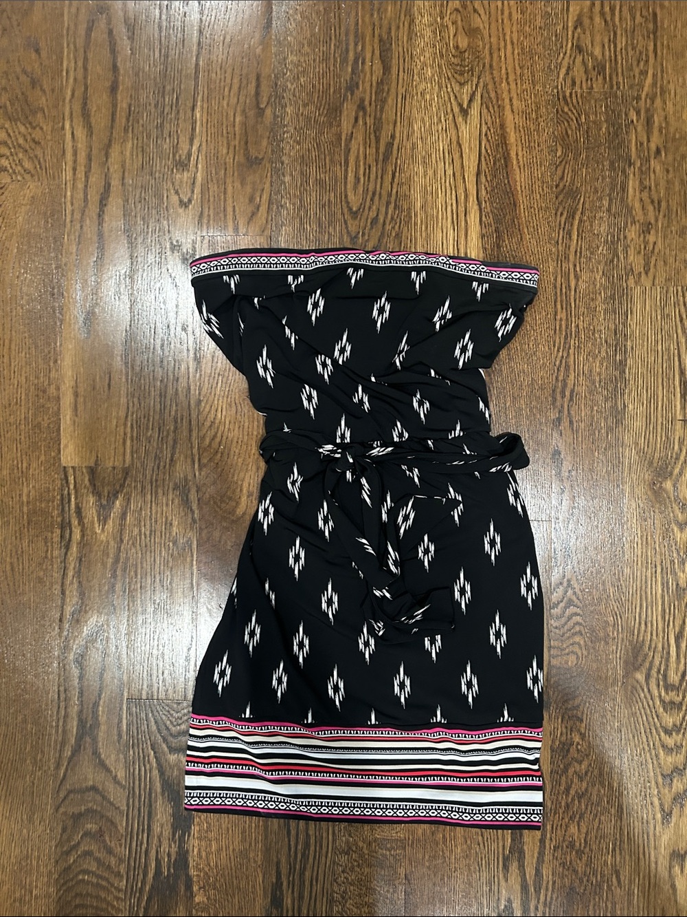 White House Black Market Strapless Black Ikat Print Waist-Tie Dress